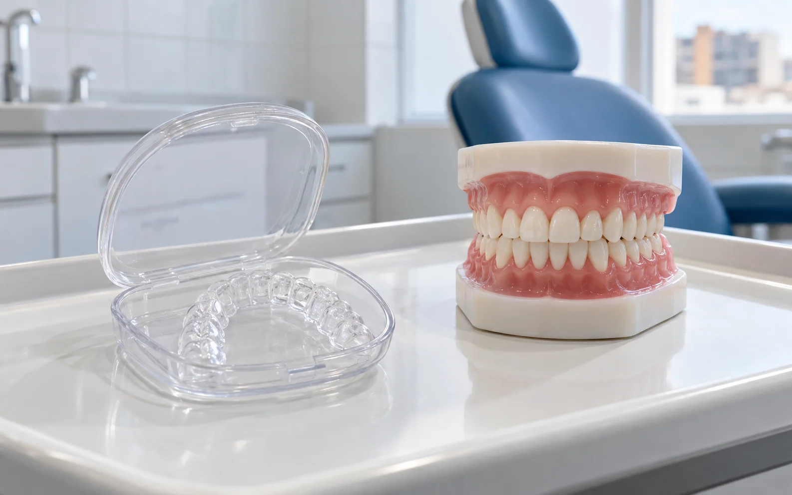 Retenedor transparente y modelo dental al finalizar la ortodoncia